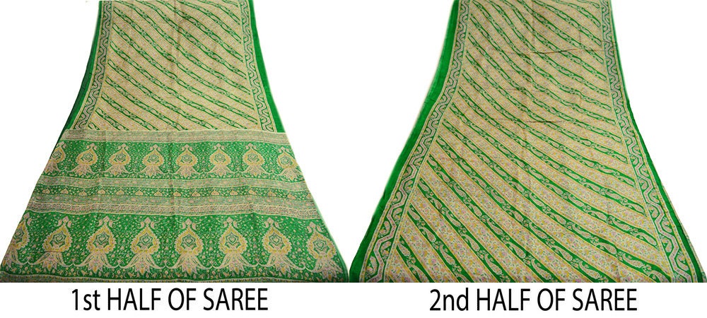Indian Vintage Sari Ivory & Green Pure Silk Printed Saree Fabric 5yd Sewing Craft Fabric DressMaking Soft