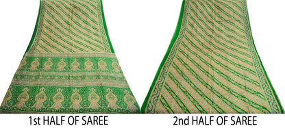 Indian Vintage Sari Ivory & Green Pure Silk Printed Saree Fabric 5yd Sewing Craft Fabric DressMaking Soft
