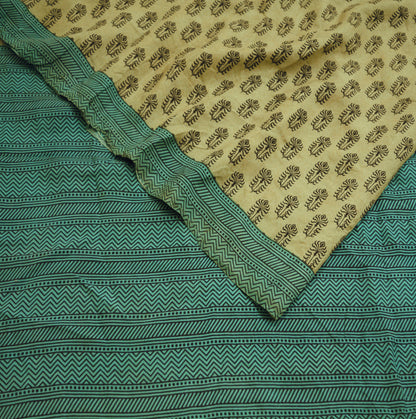 Indian Vintage Sari Beige & Green Pure Silk Printed Saree Craft Fabric 5yd Sewing DressMaking Soft