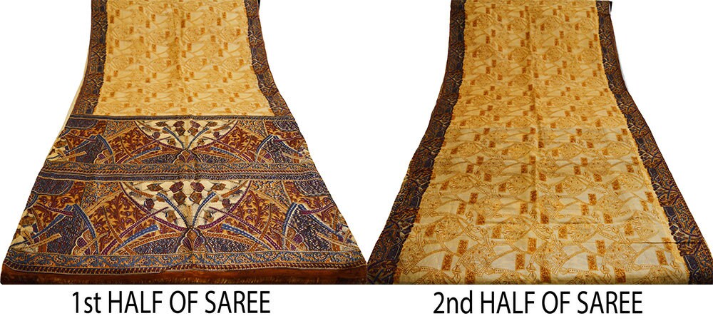 Indian Vintage Sari Brown & Beige Pure Silk Printed Saree Fabric 5yard Sewing Craft DressMaking  Soft Abstract