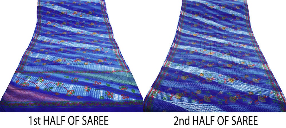 Indian Vintage Sari Blue Pure Crepe Silk Printed Saree 5yard Sewing Floral Soft Craft Fabric Wrap