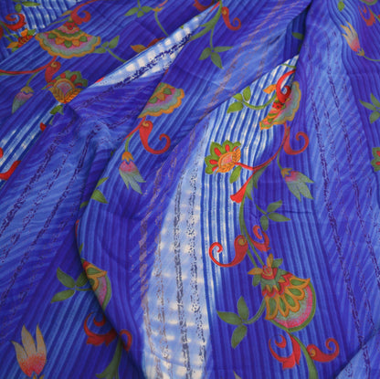 Indian Vintage Sari Blue Pure Crepe Silk Printed Saree 5yard Sewing Floral Soft Craft Fabric Wrap