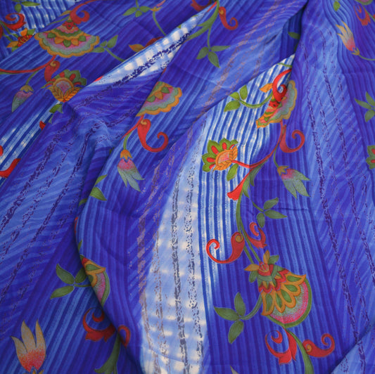 Indian Vintage Sari Blue Pure Crepe Silk Printed Saree 5yard Sewing Floral Soft Craft Fabric Wrap