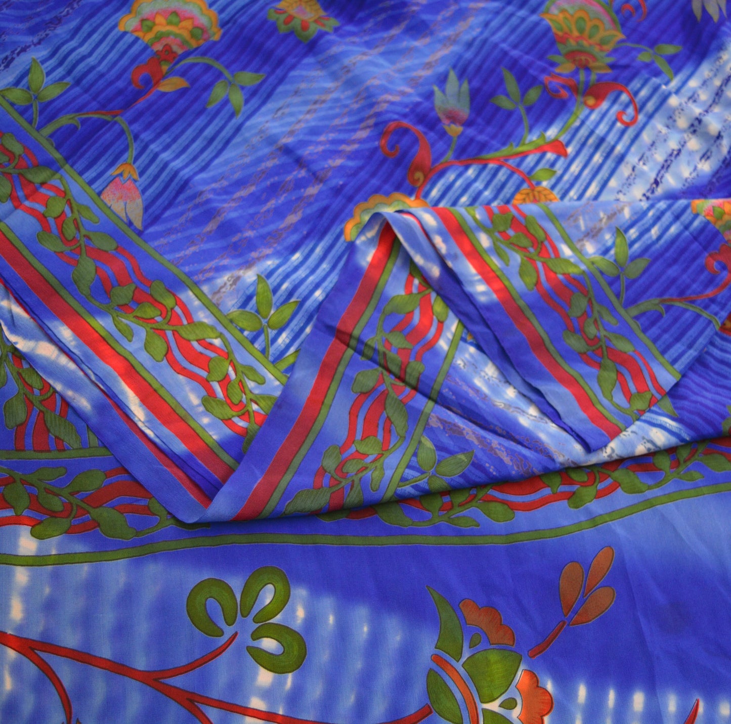Indian Vintage Sari Blue Pure Crepe Silk Printed Saree 5yard Sewing Floral Soft Craft Fabric Wrap