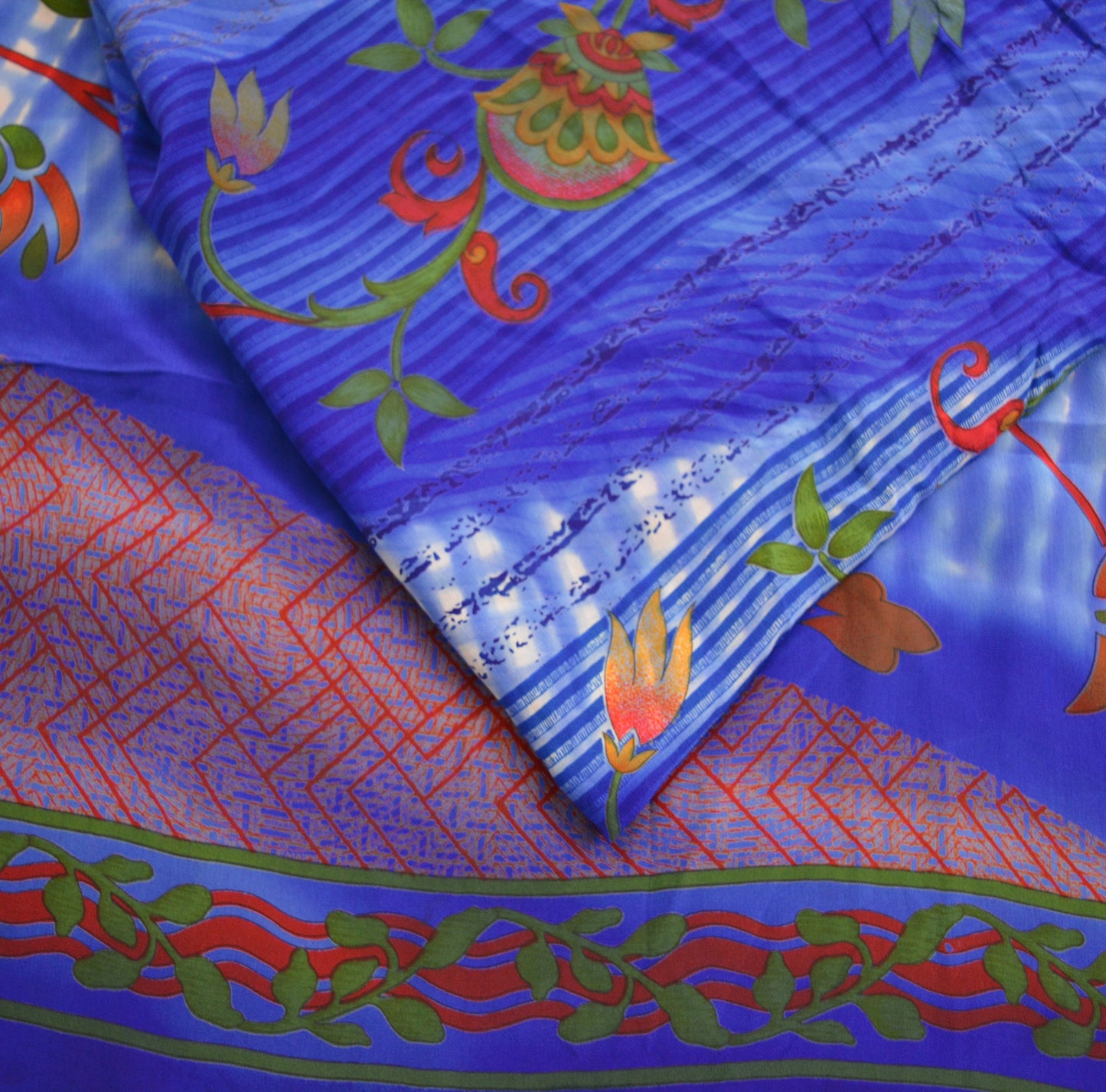 Indian Vintage Sari Blue Pure Crepe Silk Printed Saree 5yard Sewing Floral Soft Craft Fabric Wrap