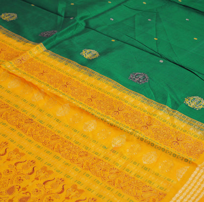 Indian Vintage Green & Saffron Heavy Saree Pure Silk saree Banarasi Brocade Indian Sari Fabric Golden Zari 5Yard Floral