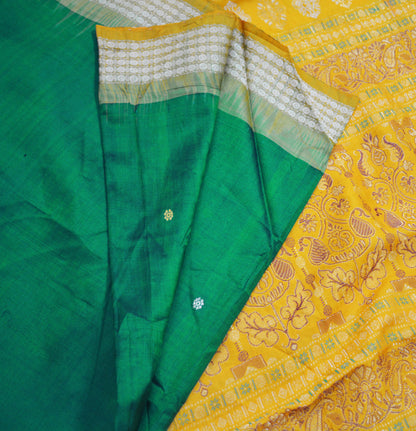 Indian Vintage Green & Saffron Heavy Saree Pure Silk saree Banarasi Brocade Indian Sari Fabric Golden Zari 5Yard Floral