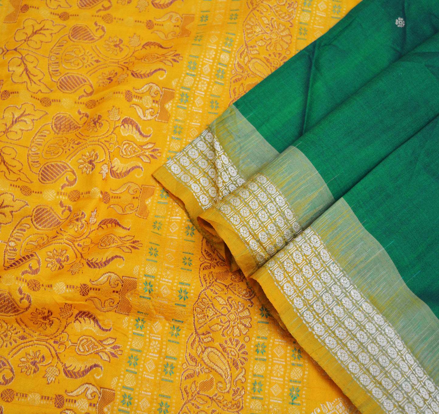 Indian Vintage Green & Saffron Heavy Saree Pure Silk saree Banarasi Brocade Indian Sari Fabric Golden Zari 5Yard Floral