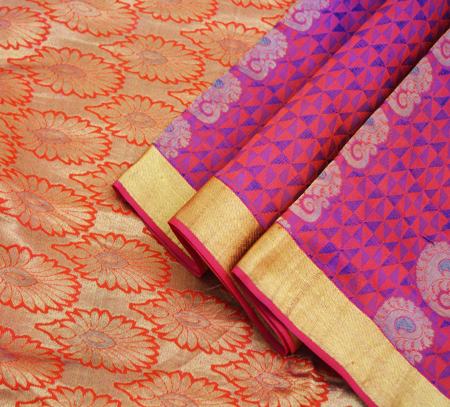 Indian Vintage Heavy Saree Orange & Blue Hand Woven Kanjivaram 100% Pure Silk Indian Sari Fabric 5Yard Ethnic Zari Floral