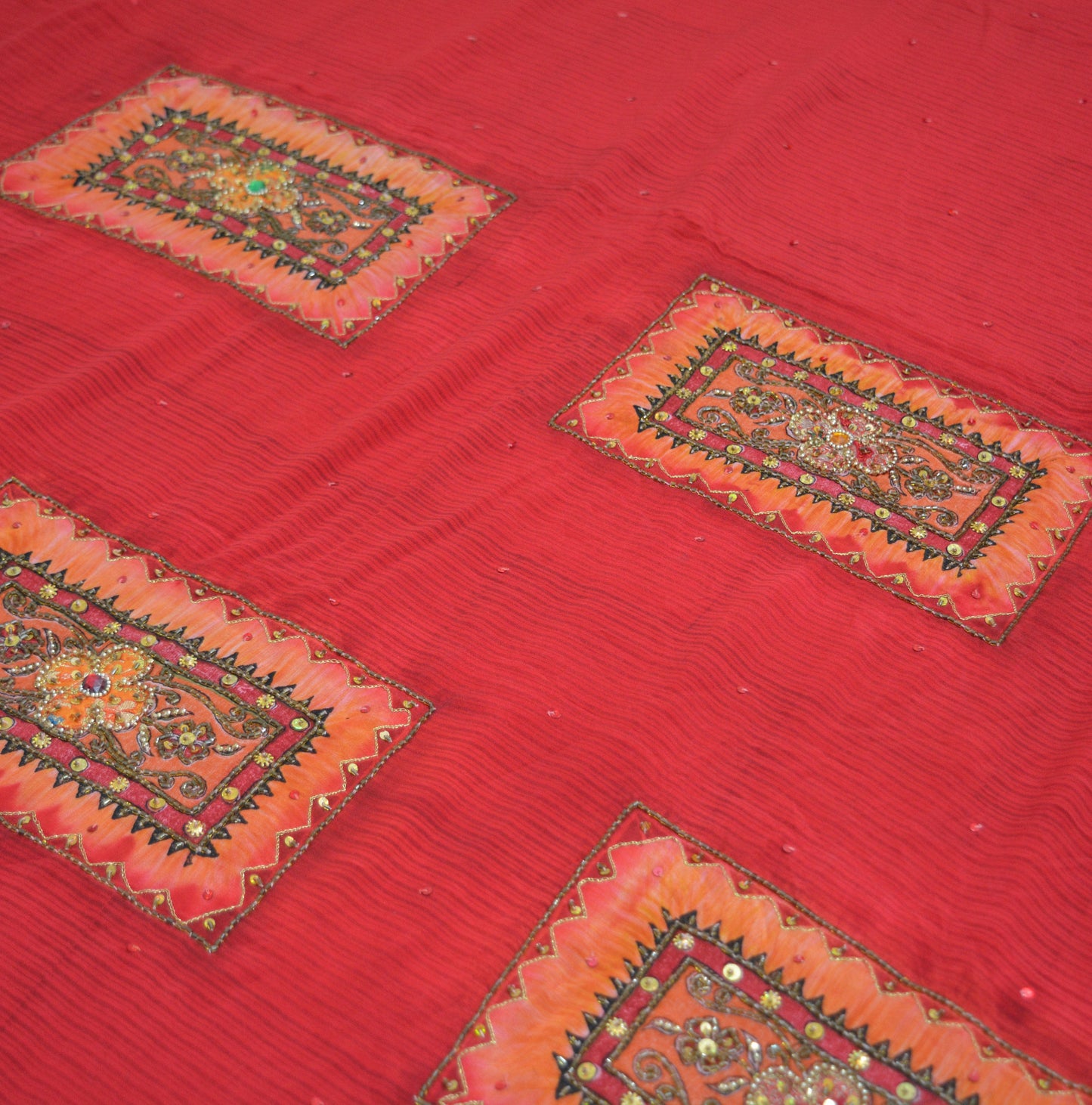 Indian Vintage Sari Red Pure Crepe Silk Hand Embroidered Saree 6yard Sewing Floral Craft Sequins