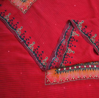 Indian Vintage Sari Red Pure Crepe Silk Hand Embroidered Saree 6yard Sewing Floral Craft Sequins