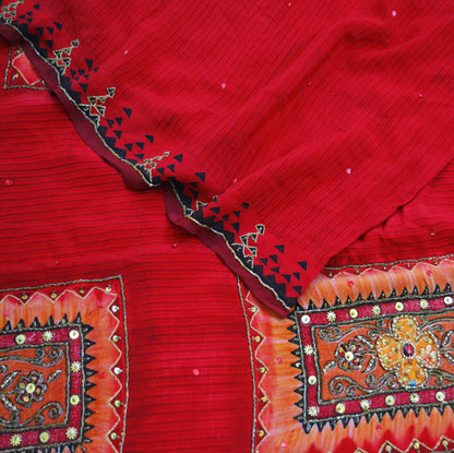 Indian Vintage Sari Red Pure Crepe Silk Hand Embroidered Saree 6yard Sewing Floral Craft Sequins