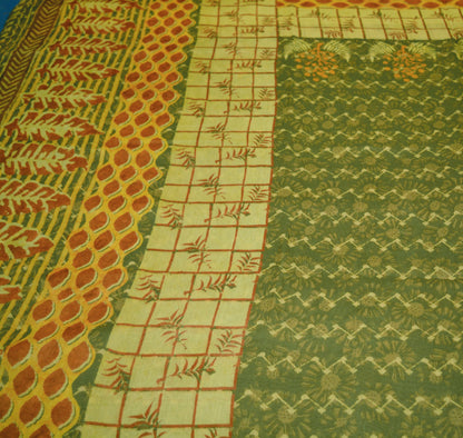 Indian Vintage Sari Block Printed Sari Chanderi Cotton Green & Ivory Fabric 5Yard Floral Soft Fringes