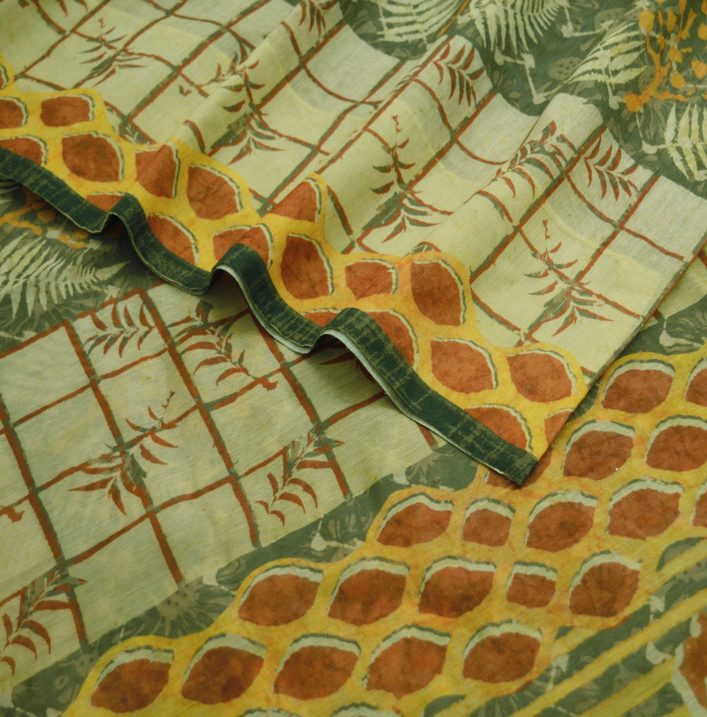 Indian Vintage Sari Block Printed Sari Chanderi Cotton Green & Ivory Fabric 5Yard Floral Soft Fringes