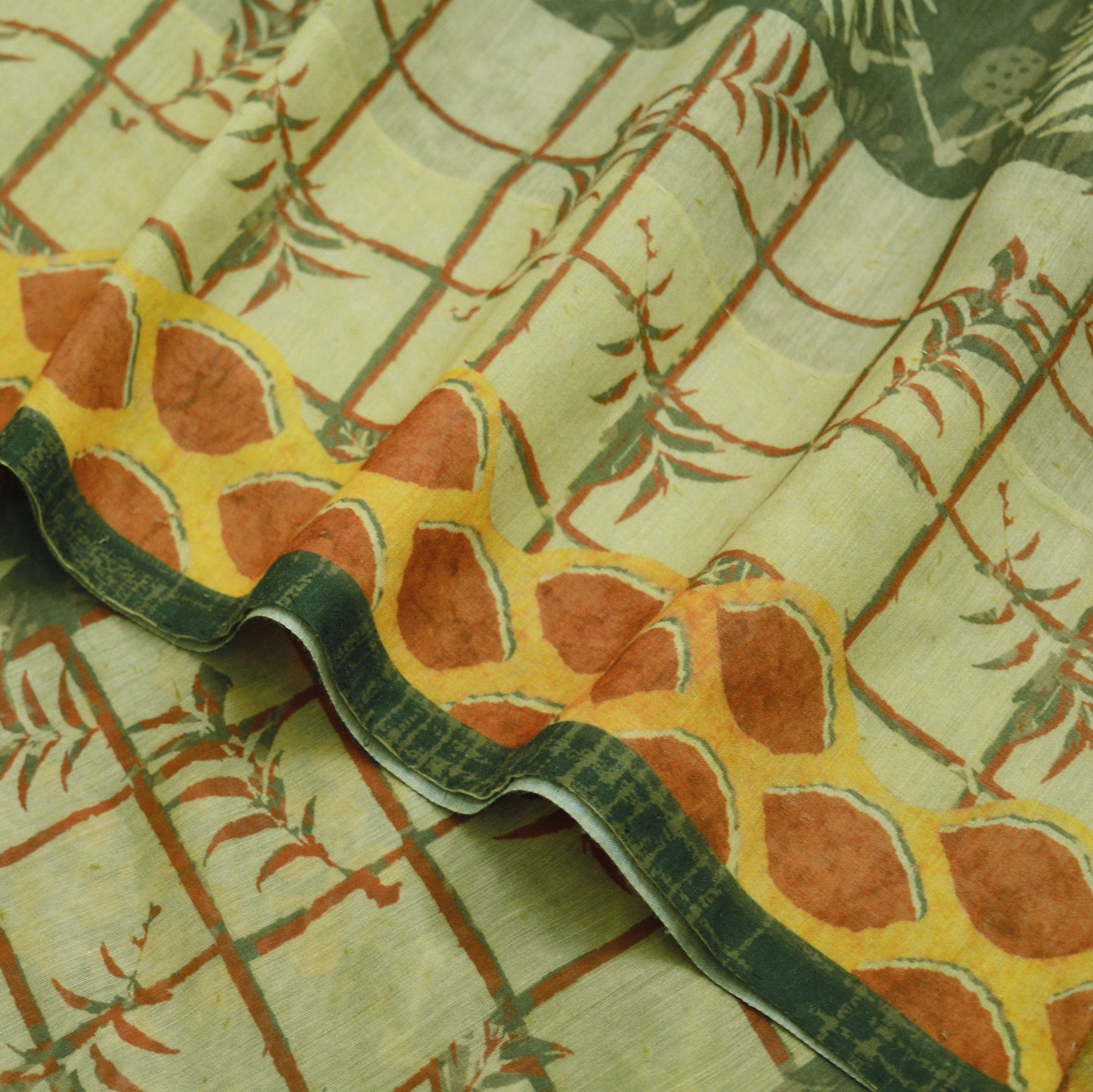 Indian Vintage Sari Block Printed Sari Chanderi Cotton Green & Ivory Fabric 5Yard Floral Soft Fringes