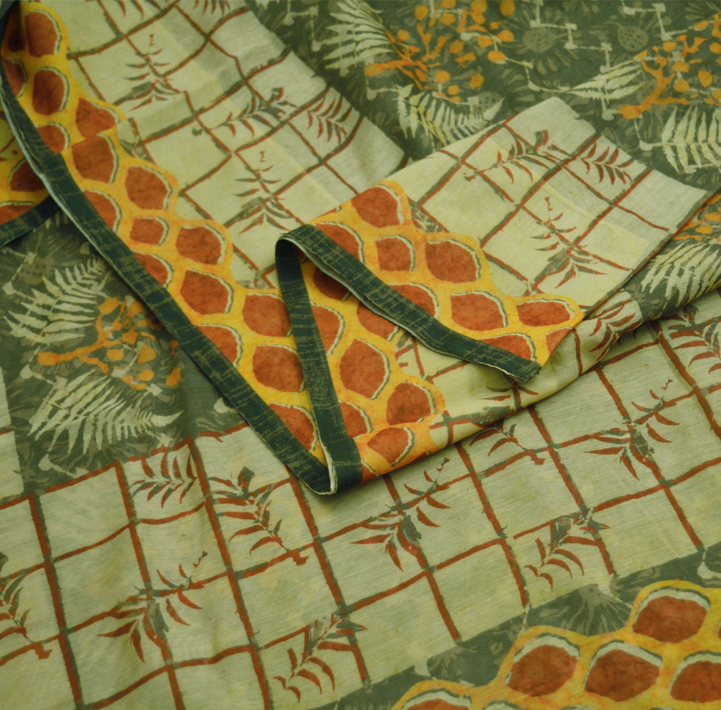 Indian Vintage Sari Block Printed Sari Chanderi Cotton Green & Ivory Fabric 5Yard Floral Soft Fringes