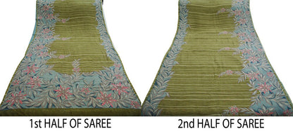 Indian Vintage Sari Green  Pure Crepe Silk Printed Saree 5yard Sewing Floral Soft Craft Fabric Ethnic Wrap