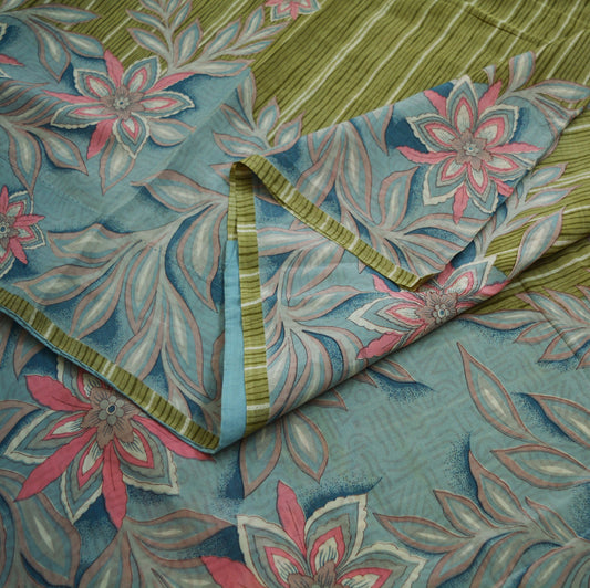 Indian Vintage Sari Green  Pure Crepe Silk Printed Saree 5yard Sewing Floral Soft Craft Fabric Ethnic Wrap
