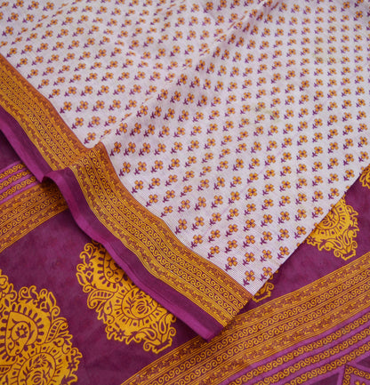 Indian Vintage Sari White & Purple Printed 100% Pure Cotton Saree Craft Fabric 5Yd Sewing Sarong Wrap Boho Floral