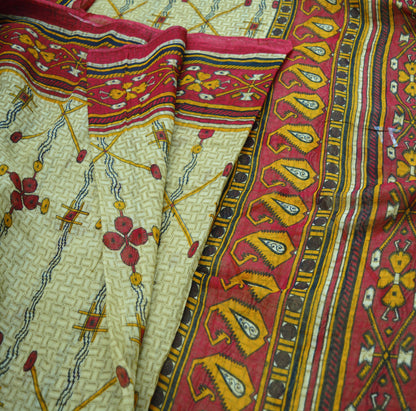 Indian Vintage Sari Red & Beige Printed 100% Pure Cotton Saree Craft Soft Fabric 5Yard Sewing Sarong Wrap Floral