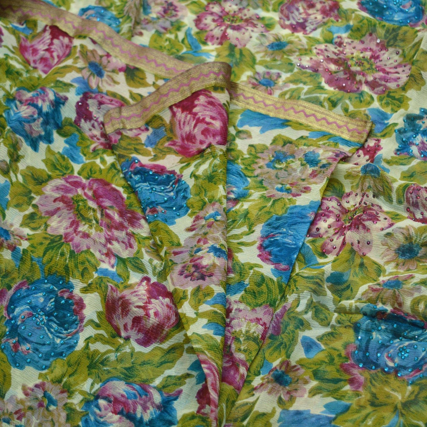 Women Vintage Sari Ivory Pure Chiffon Silk Beaded Printed Saree Craft Fabric Sewing 5Yard Soft Light Dress Making Floral Zari