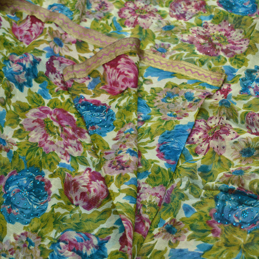 Women Vintage Sari Ivory Pure Chiffon Silk Beaded Printed Saree Craft Fabric Sewing 5Yard Soft Light Dress Making Floral Zari