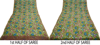 Women Vintage Sari Ivory Pure Chiffon Silk Beaded Printed Saree Craft Fabric Sewing 5Yard Soft Light Dress Making Floral Zari