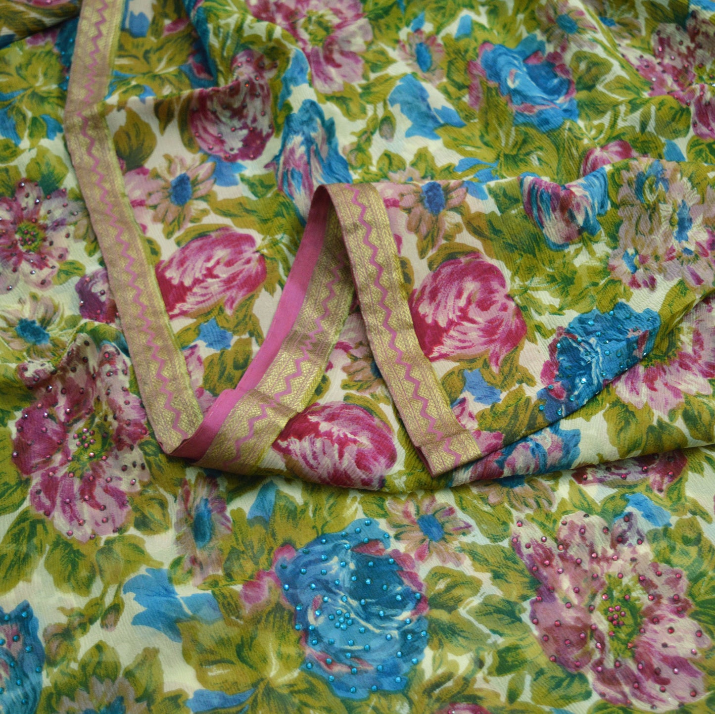 Women Vintage Sari Ivory Pure Chiffon Silk Beaded Printed Saree Craft Fabric Sewing 5Yard Soft Light Dress Making Floral Zari