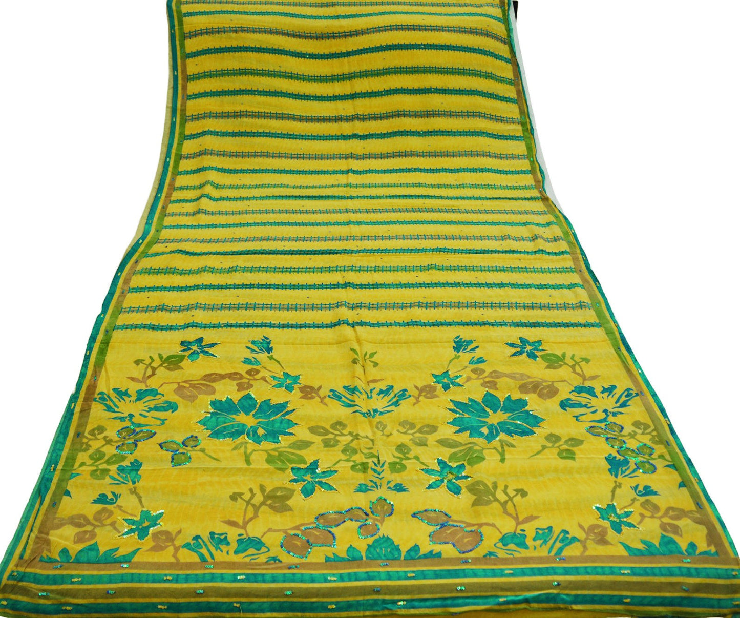 Indian Vintage Sari Yellow Pure Crepe Silk Hand Embroidered Saree 5yard Sewing Floral Craft Sequins