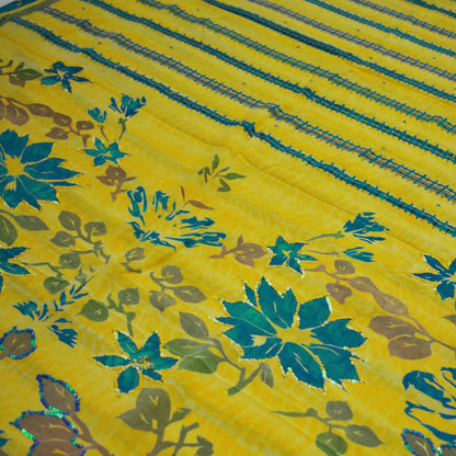 Indian Vintage Sari Yellow Pure Crepe Silk Hand Embroidered Saree 5yard Sewing Floral Craft Sequins