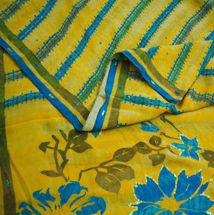 Indian Vintage Sari Yellow Pure Crepe Silk Hand Embroidered Saree 5yard Sewing Floral Craft Sequins