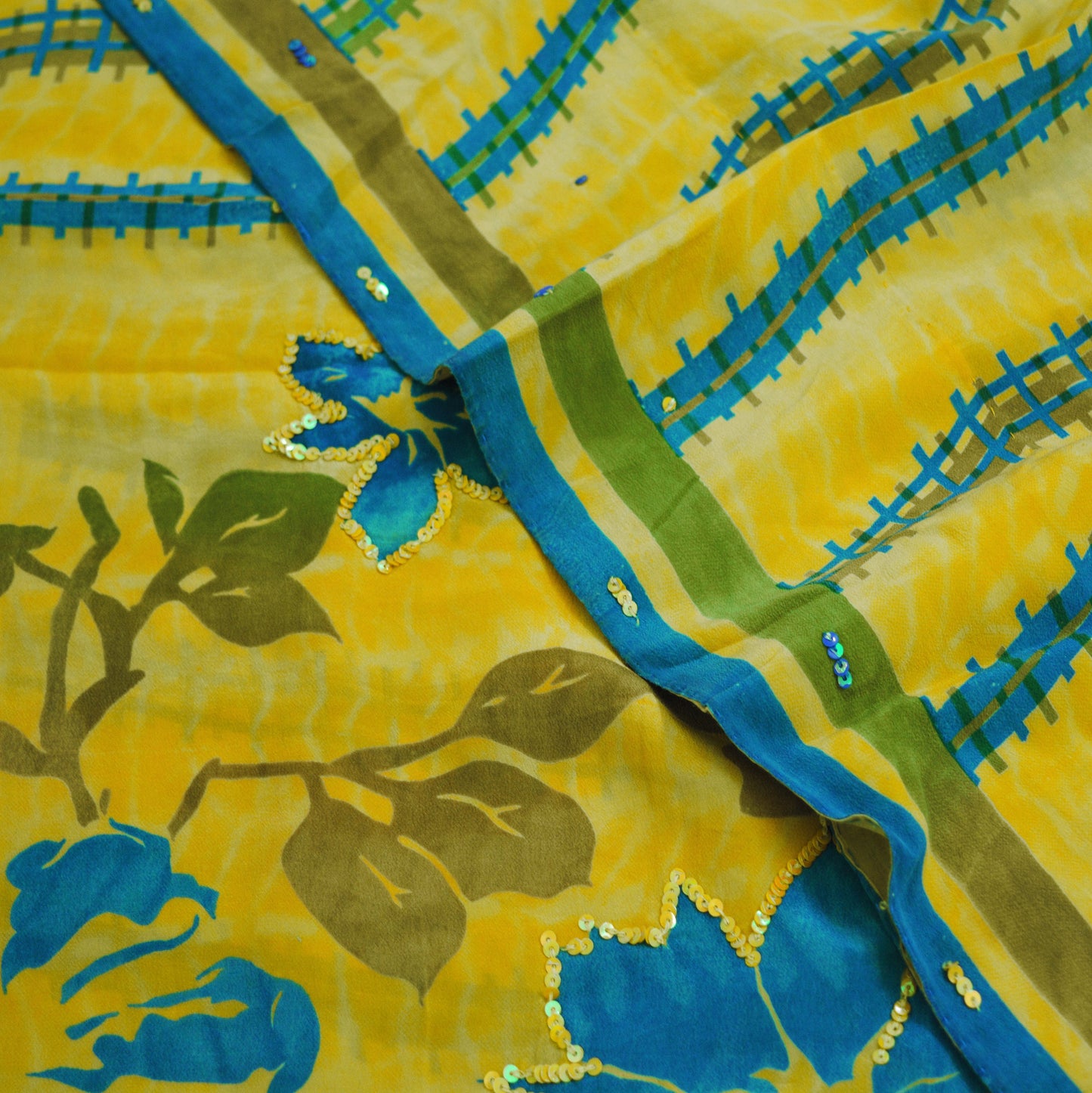 Indian Vintage Sari Yellow Pure Crepe Silk Hand Embroidered Saree 5yard Sewing Floral Craft Sequins