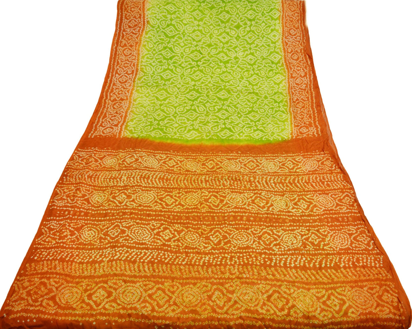 Indian Vintage Sari Green & Orange Pure Silk Bandhani Printed Sarees Fabric 5yd Floral Sewing Traditional Culture Sari Ethnic Fabric