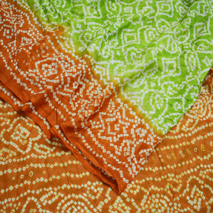 Indian Vintage Sari Green & Orange Pure Silk Bandhani Printed Sarees Fabric 5yd Floral Sewing Traditional Culture Sari Ethnic Fabric