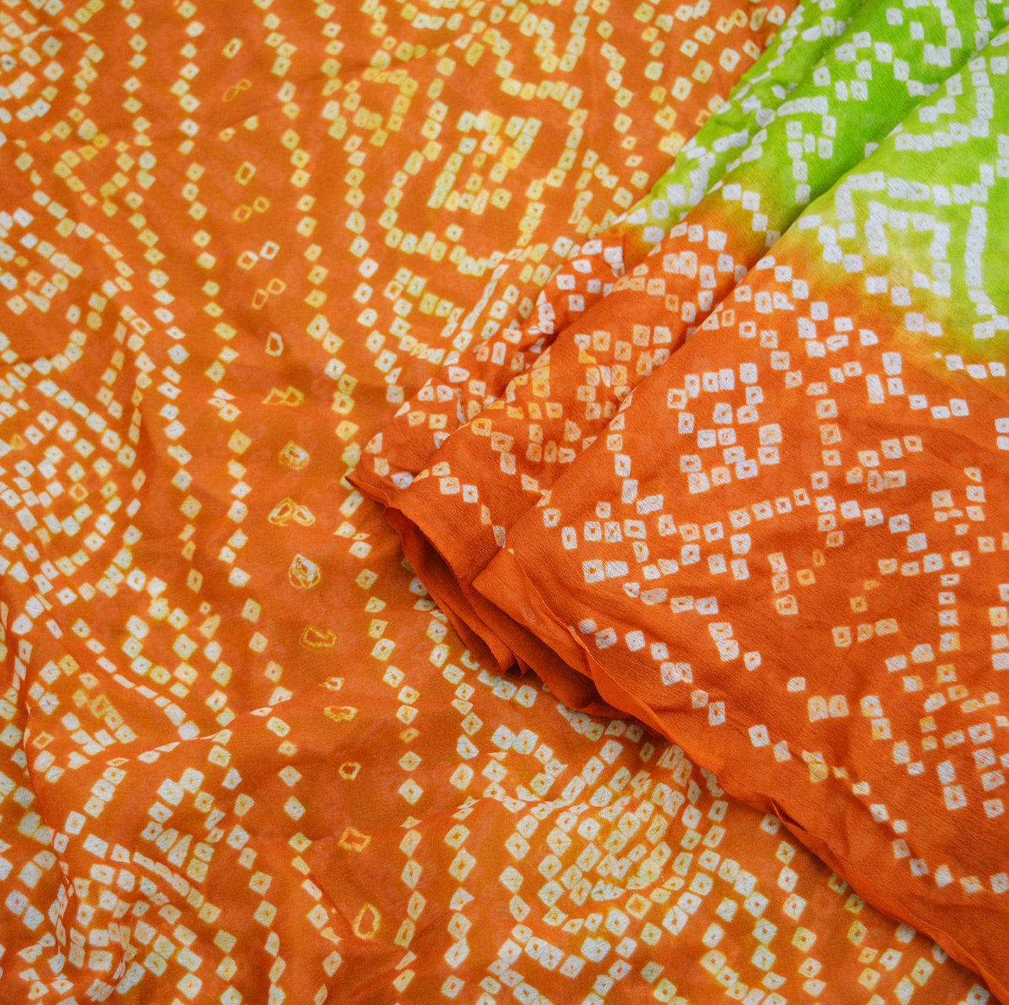 Indian Vintage Sari Green & Orange Pure Silk Bandhani Printed Sarees Fabric 5yd Floral Sewing Traditional Culture Sari Ethnic Fabric