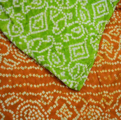 Indian Vintage Sari Green & Orange Pure Silk Bandhani Printed Sarees Fabric 5yd Floral Sewing Traditional Culture Sari Ethnic Fabric