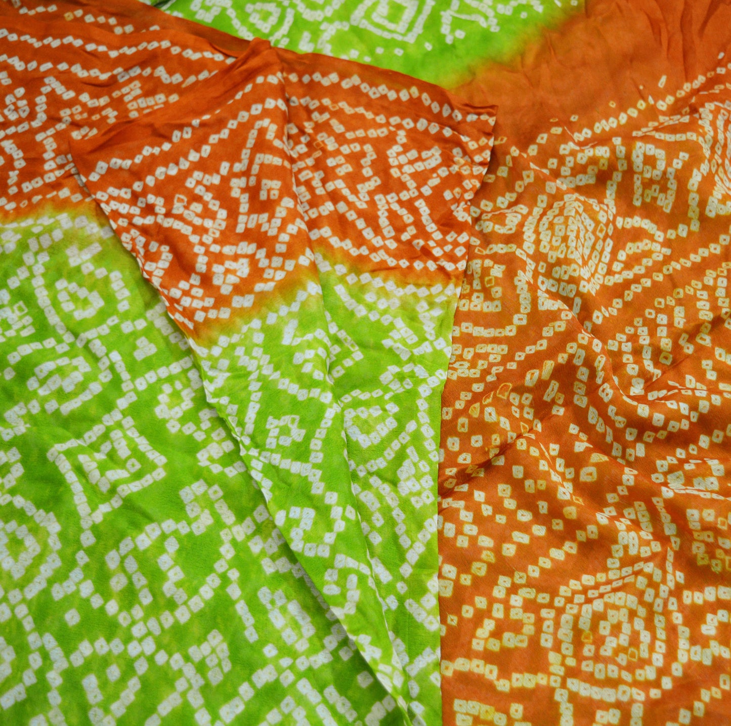 Indian Vintage Sari Green & Orange Pure Silk Bandhani Printed Sarees Fabric 5yd Floral Sewing Traditional Culture Sari Ethnic Fabric