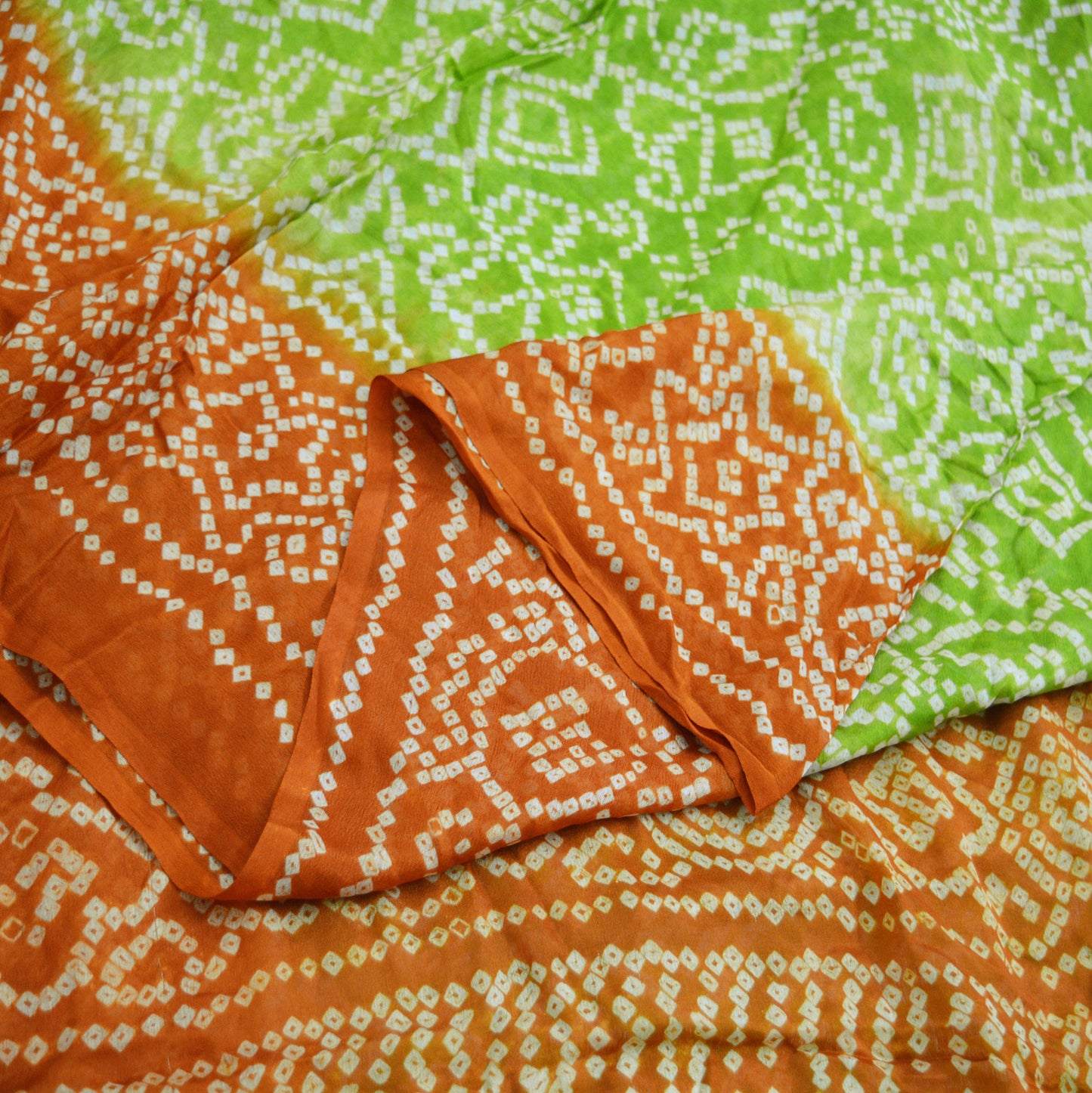 Indian Vintage Sari Green & Orange Pure Silk Bandhani Printed Sarees Fabric 5yd Floral Sewing Traditional Culture Sari Ethnic Fabric