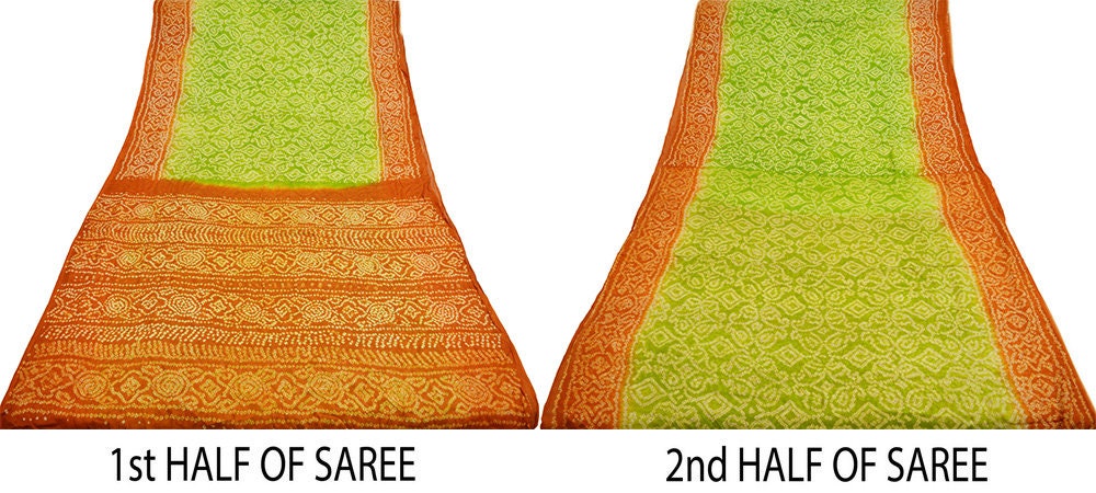 Indian Vintage Sari Green & Orange Pure Silk Bandhani Printed Sarees Fabric 5yd Floral Sewing Traditional Culture Sari Ethnic Fabric