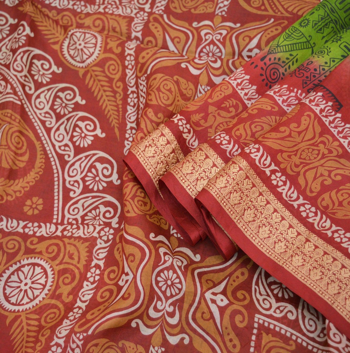 Indian Vintage Sari Red & green Pure Silk Warli Printed Saree Craft Fabric 5Yard Soft Dress making Sewing fabric