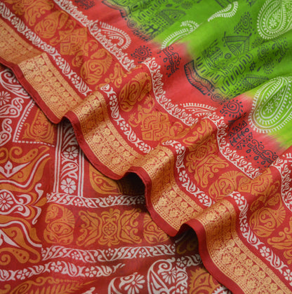 Indian Vintage Sari Red & green Pure Silk Warli Printed Saree Craft Fabric 5Yard Soft Dress making Sewing fabric