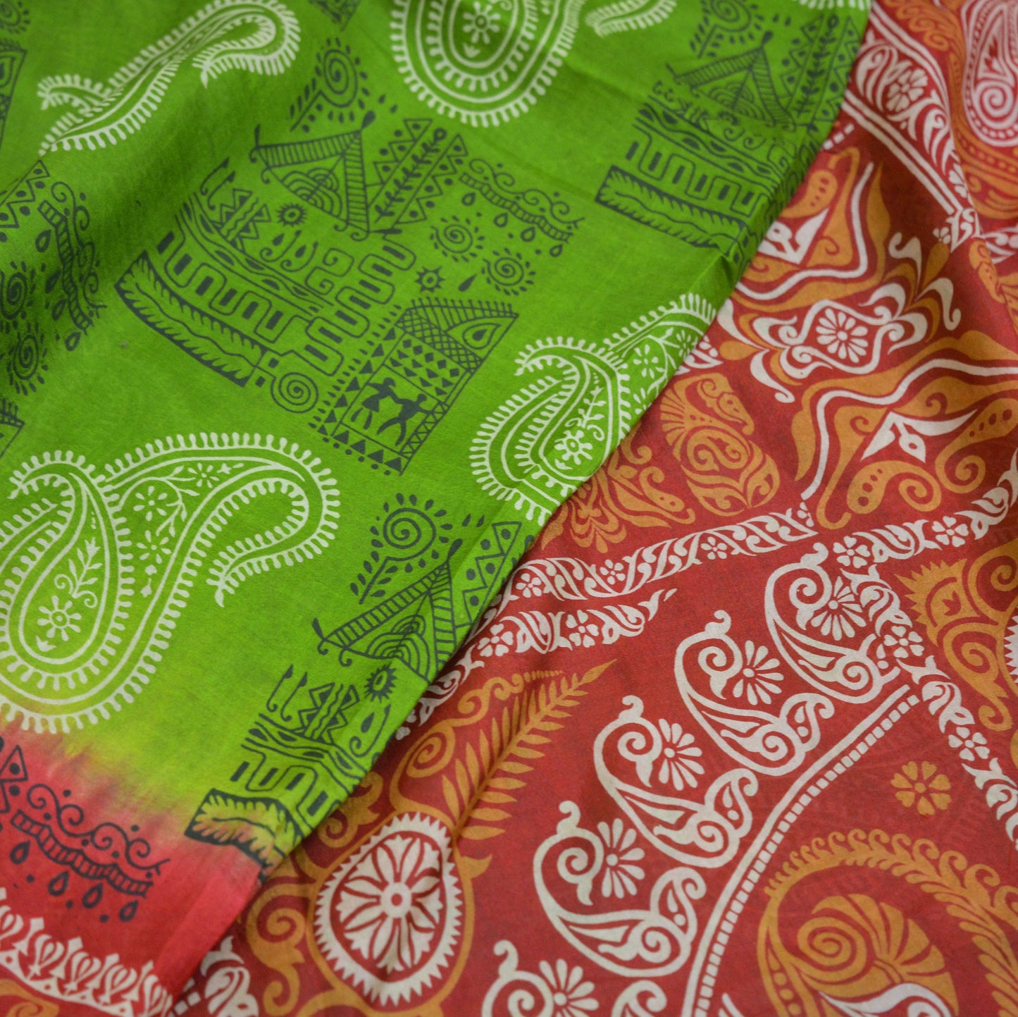 Indian Vintage Sari Red & green Pure Silk Warli Printed Saree Craft Fabric 5Yard Soft Dress making Sewing fabric