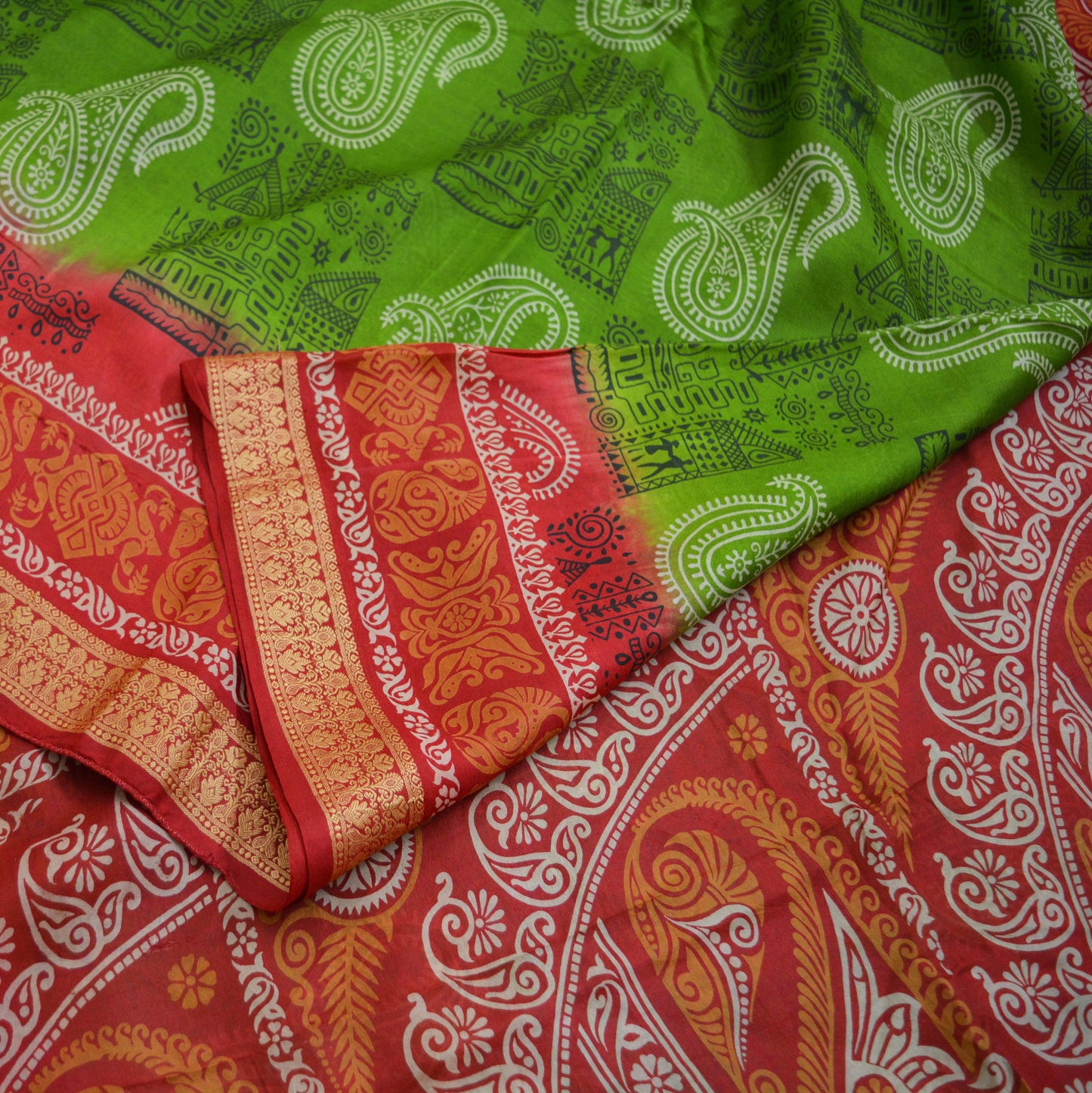 Indian Vintage Sari Red & green Pure Silk Warli Printed Saree Craft Fabric 5Yard Soft Dress making Sewing fabric