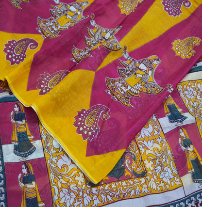 Indian Vintage Sari Saffron & Purple  Printed Pure Cotton Saree Craft Soft Fabric 5Yard Sewing Sarong Wrap Boho Paisley