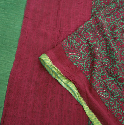 Indian Vintage Sari Red & Green Pure Silk Printed Saree Fabric 5yard Sewing Craft Fabric DressMaking Soft Wrap