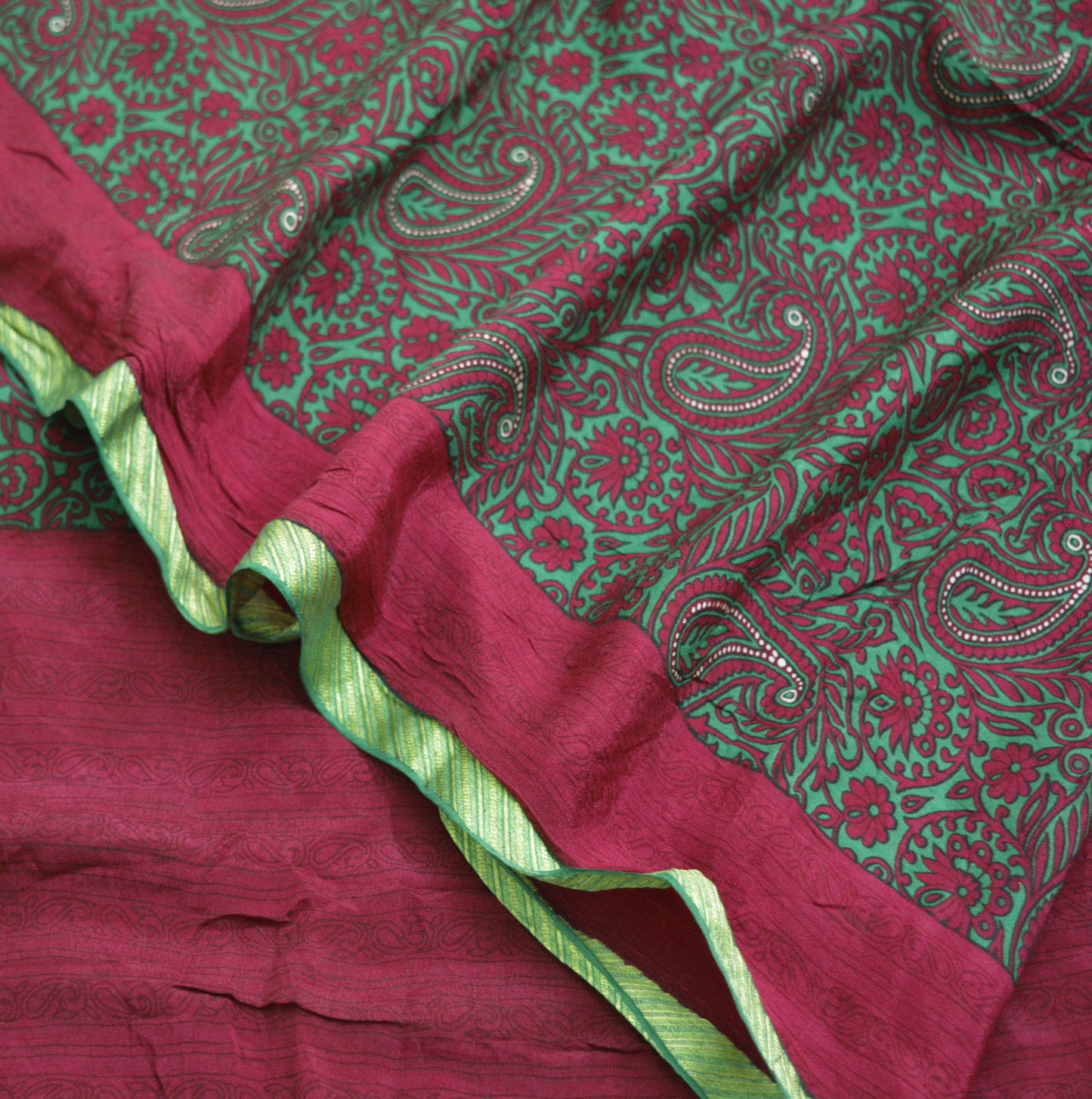 Indian Vintage Sari Red & Green Pure Silk Printed Saree Fabric 5yard Sewing Craft Fabric DressMaking Soft Wrap