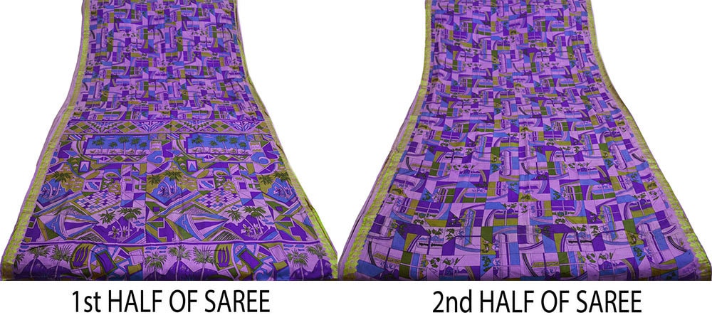 Indian Vintage Sari Purple Pure Silk Printed Saree 5yard Sewing Craft Fabric DressMaking Soft Golden Zari Geometric