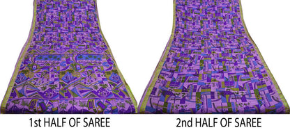Indian Vintage Sari Purple Pure Silk Printed Saree 5yard Sewing Craft Fabric DressMaking Soft Golden Zari Geometric