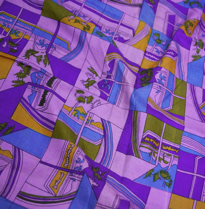 Indian Vintage Sari Purple Pure Silk Printed Saree 5yard Sewing Craft Fabric DressMaking Soft Golden Zari Geometric