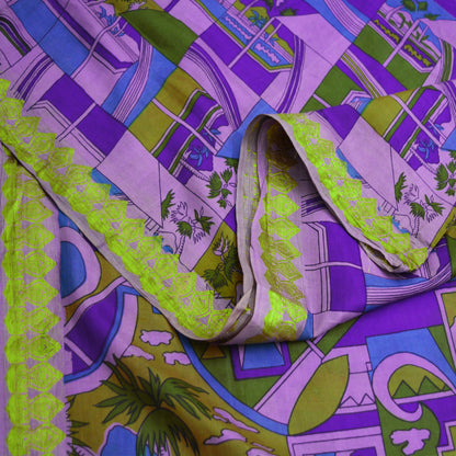 Indian Vintage Sari Purple Pure Silk Printed Saree 5yard Sewing Craft Fabric DressMaking Soft Golden Zari Geometric